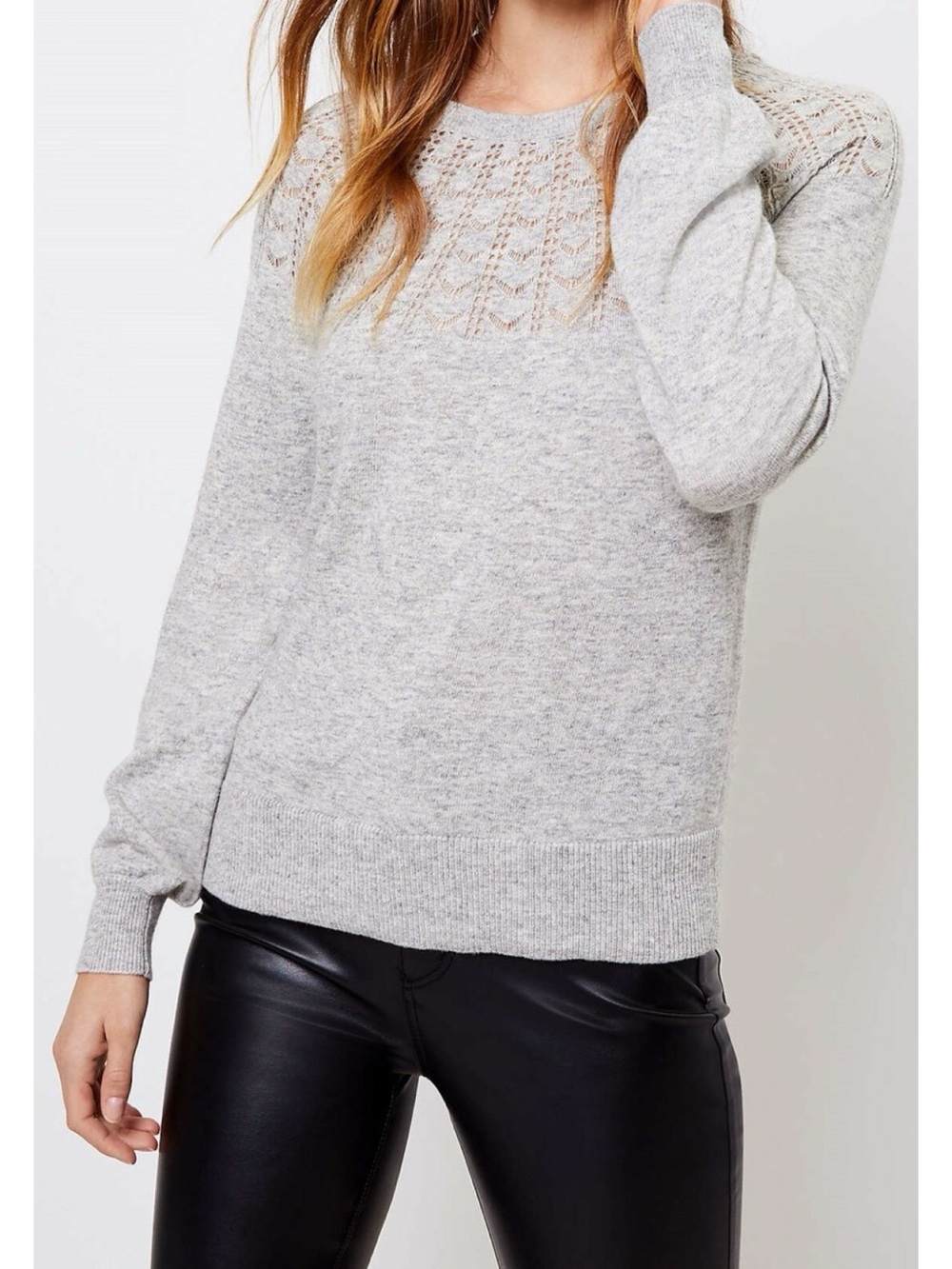 Loft Pointelle Lace Yoke Knit Sweater Light Gray Women’s Small NWT